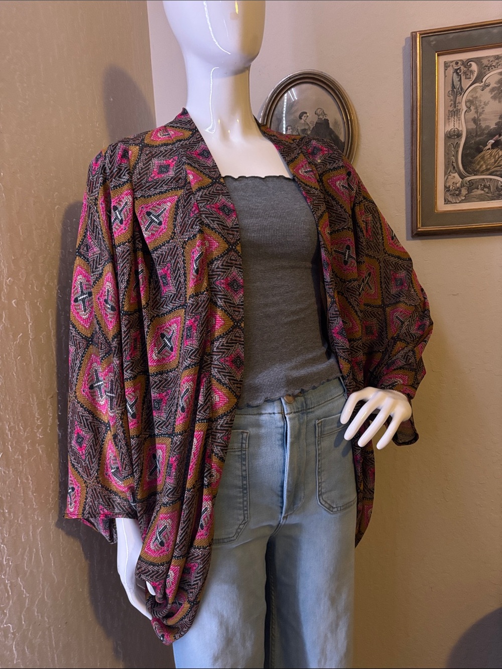 Boho Open Front Kimono Cardigan Sweater - Pink Multi